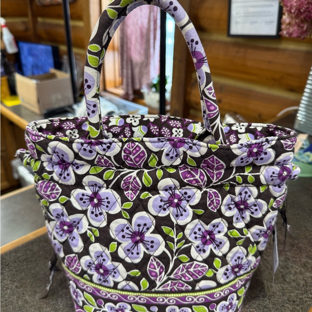NWOT Vera Bradley Plum Petals Quilted Purple & Green Drawstring Bucket Tote Bag